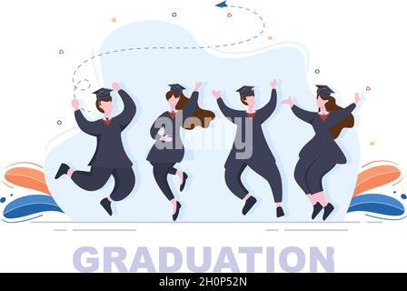 Happy Graduation Day of Students Celebrating Background Vector Illustration Tragen akademisches Kleid, Graduate Cap und Holding Diplom in Flat Style Stock Vektor