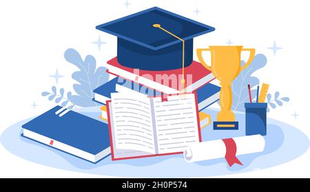 Happy Graduation Day of Students Celebrating Background Vector Illustration Tragen akademisches Kleid, Graduate Cap und Holding Diplom in Flat Style Stock Vektor