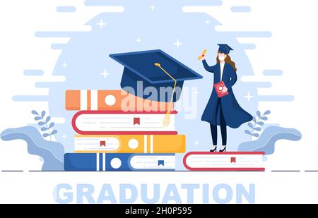 Happy Graduation Day of Students Celebrating Background Vector Illustration Tragen akademisches Kleid, Graduate Cap und Holding Diplom in Flat Style Stock Vektor