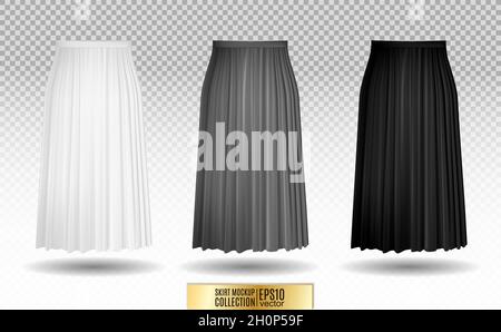 Vektor-Illustration von verschiedenen Modell Rock auf transparentem Hintergrund. Faltenrock Mock up. Weiße, graue und schwarze Variation. Stock Vektor