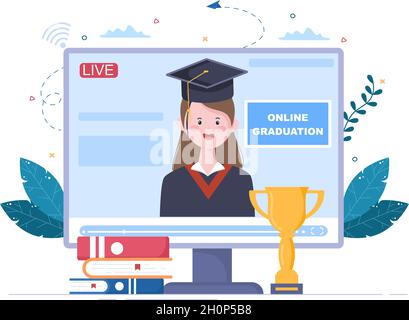 Happy Graduation Day of Students Celebrating Background Vector Illustration Tragen akademisches Kleid, Graduate Cap und Holding Diplom in Flat Style Stock Vektor