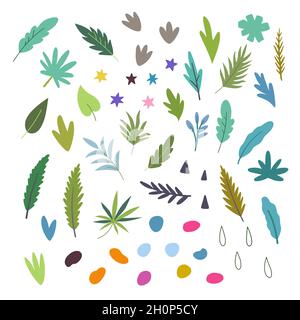 Niedliche abstrakte einfache bunte Doodle Pflanzen und Blumen isoliert auf weißem Hintergrund. Stock Vektor