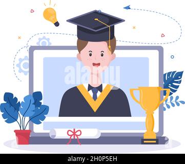 Happy Graduation Day of Students Celebrating Background Vector Illustration Tragen akademisches Kleid, Graduate Cap und Holding Diplom in Flat Style Stock Vektor