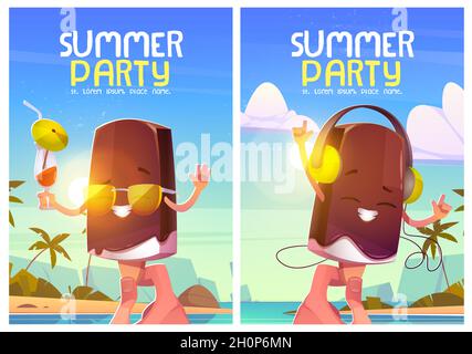 Sommerparty-Poster mit niedlichem Eiscreme-Charakter und tropischer Landschaft. Vektor-Flyer mit Cartoon-Illustration mit der Hand halten glücklich Eis in Kopfhörern und mit Cocktail am Strand Stock Vektor