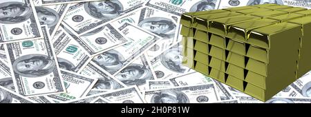 Panorama-Banner von 100-Dollar-Banknote und Stapel von Goldbarren hundert US-Dollar-Banknoten flachen Hintergrund. Us-Dollar Cash Money. Finanzwesen Stockfoto
