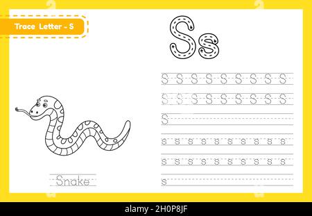 Trace Letter S Groß- und Kleinschreibung. Alphabet Tracing Praxis Vorschule Arbeitsblatt für Kinder Englisch lernen mit niedlichen Cartoon Tier. Coloring boo Stock Vektor