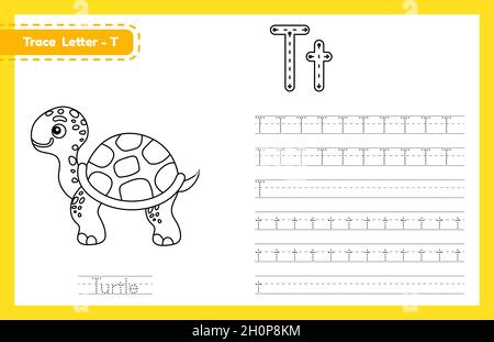 Trace Letter T Groß- und Kleinschreibung. Alphabet Tracing Praxis Vorschule Arbeitsblatt für Kinder Englisch lernen mit niedlichen Cartoon Tier. Coloring boo Stock Vektor