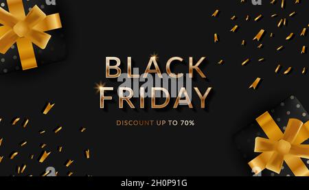 Black friday Verkauf. Banner, Poster, Gold Text glänzend, und schwarze Geschenkbox mit goldenen Schleife Stock Vektor