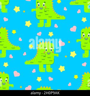 Niedliches Dinosaurier-Tyrannosaurus-Muster nahtlos. Cartoon Dino T-rex Hintergrund. Struktur aus Babygewebe Stock Vektor