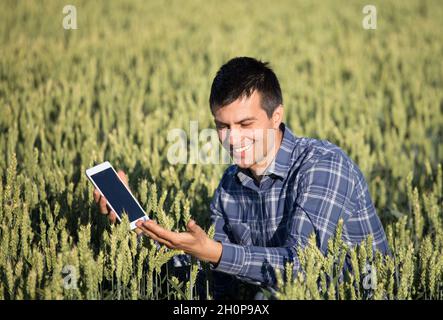 Junge hübsche Landwirtschaft Ingenieur hocken in Grünes Weizenfeld mit Tablet in Händen im Frühsommer Stockfoto