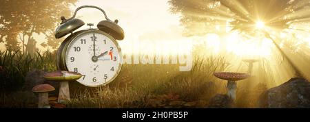 Rückfallzeit. Rückkehr zum Winter. Sommerzeit-Konzept. Wecker in Herbstlandschaft mit Sonnenuntergang oder Sonnenaufgang im Hintergrund. 3D-rende Stockfoto