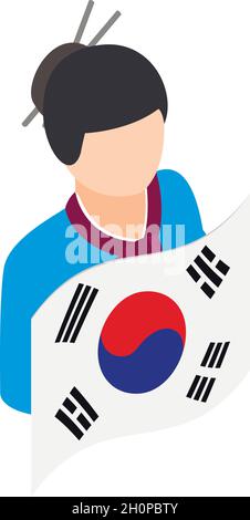 Koreanische Mädchen Symbol isometrischen Vektor. Frau in Nationaltracht mit Landesflagge. Traditionelle koreanische Kleidung, hanbok Stock Vektor
