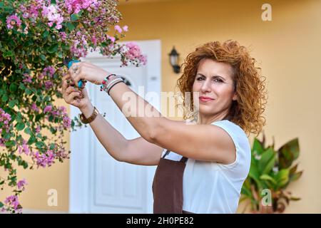 Frau im Garten mit dem Baumscheren, der für den blühenden Busch sorgt Stockfoto