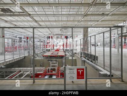 09. Oktober 2021, Brandenburg, Grünheide: Blick auf eine noch fast leere Produktionshalle für das Tesla Model Y auf der Tesla Gigafactory. In Grünheide, östlich von Berlin, sollen ab Ende 2021 die ersten Fahrzeuge vom Produktionsband Rollen. Das US-Unternehmen plant, hier jährlich rund 500,000 Model Ys zu bauen. Foto: Patrick Pleul/dpa-Zentralbild/ZB Stockfoto