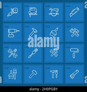 Handaufbauwerkzeug. Hausreparatur. Logo des Working Tools. Professionelle Dienstleistungen. Reparatur zu Hause. Handwerkzeug auf blauem Hintergrund isoliert. Tools für Stock Vektor