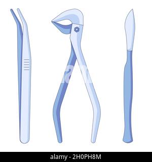 Symbole für Dentalwerkzeuge und -Instrumente. Stomatology liefert Vektorsymbole in flacher Form, isoliert auf weißem Hintergrund. Stock Vektor
