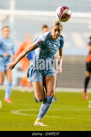 Manchester, England, 13. Oktober 2021. Alanna Kennedy aus Manchester City während des Spiels des FA Women's Continental League Cup im Academy Stadium, Manchester. Bildnachweis sollte lauten: Andrew Yates / Sportimage Stockfoto