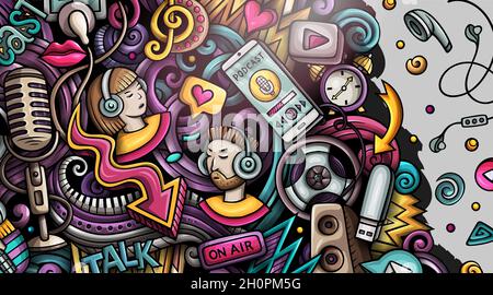 Audio Content Handgezeichnetes Doodle-Banner. Cartoon Vektor detaillierter Flyer. Stock Vektor