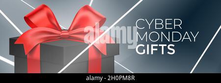 Cyber Monday Geschenke energetisches Vektor-Banner-Design, mit einer schwarzen Geschenkbox und weißen Laserlichtern. Stock Vektor