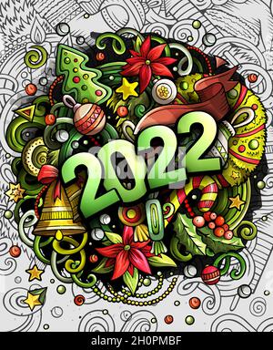 2022 handgezeichnete Kritzelabbildung. Neujahrs-Objekte und Elemente-Poster Stock Vektor