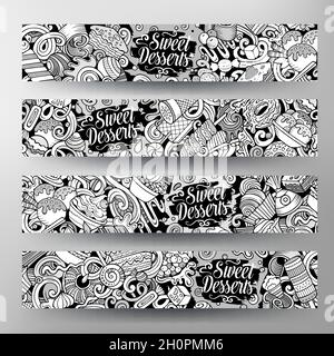 Cartoon niedliche Kritzeleien Desserts horizontale Banner Set Stock Vektor