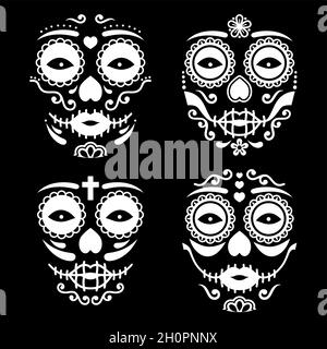 Mexikanisches La Catrina Gesichtsvektordesign, Dia de los Muertos oder Day of the Dead weiblicher Totenschädel in Weiß auf schwarzem Hintergrund Stock Vektor