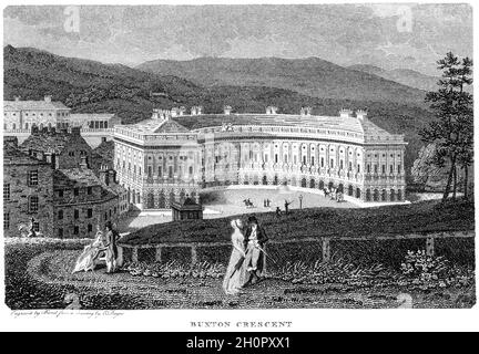 Ein Stich von Buxton Crescent, Derbyshire UK, gescannt in hoher Auflösung von einem Buch, das 1812 gedruckt wurde. Für urheberrechtlich frei gehalten. Stockfoto