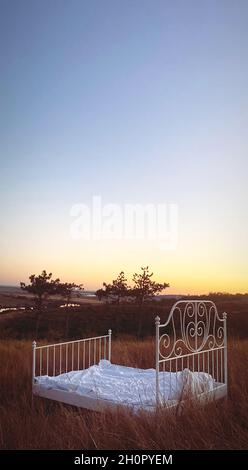 Landschaftsfotoaufnahmen in der Natur, schmiedeeisernes unbearbeitetes Bett mit weißer Bettwäsche, das im Sommerabendfeld mit trockenem, gelbem, hohen Gras bei Sonnenuntergang steht. Stockfoto