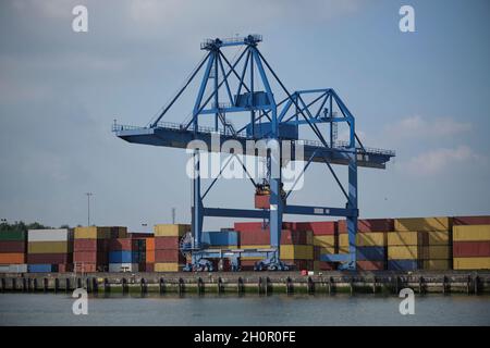 Maasvlakte, Hafen Rotterdam, Niederlande Schwerlastkräne transportieren Frachtcontainer vom Schiffsverkehr auf Lastwagen Stockfoto