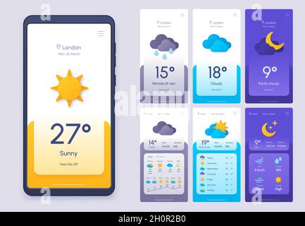 Tägliche Wettervorhersage Telefon-App in 3d-Papierschnitt-Stil. Widget-Vorlage für Klima und Atmosphäre für Smartphone. Meteo Condition ui-Vektor eingestellt Stock Vektor