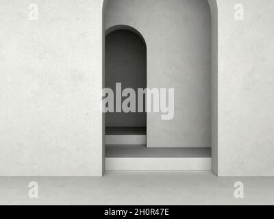 Abstrakter, minimalistischer, geometrischer weißer Hintergrund; schlichtes, sauberes Bogendesign mit Stuckwänden und Stufen; minimalistisches Modell; primitive Formen; Wandnische Stockfoto