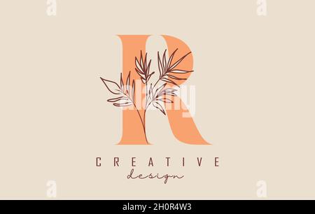 Orangefarbenes R-Letter-Logo-Design mit Vektor-Illustration des Blattes. Minimalistisches Symbol für natürliche, ökologische und biologische Produkte. Stock Vektor
