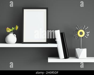 Imitierter Posterrahmen an dunkler Wand mit Blumen, digitalen Blumen und Büchern im Regal; 3d-Rendering, 3d-Illustration Stockfoto