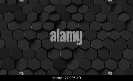 Abstrakter schwarzer Sechseck-Hintergrund; dunkles Wabenmuster; 3d-Rendering, 3d-Illustration Stockfoto
