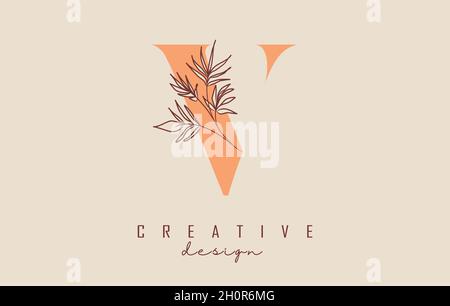 Orangefarbenes V-Letter-Logo-Design mit Vektor-Illustration des Blattes. Minimalistisches Symbol für natürliche, ökologische und biologische Produkte. Stock Vektor
