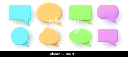 Formen von 3d-Benachrichtigungen, Chat-Nachrichten oder Sprechblasen. Dialogfenster, 3d-Rendering von Online-Konversationselementen für Social-Media-Vektorset Stock Vektor