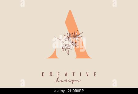 Orange Schatten Ein Buchstabe Logo-Design mit Zweig der Blätter Vektor-Illustration. Minimalistisches Symbol für natürliche, ökologische und biologische Produkte. Stock Vektor