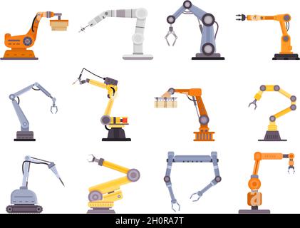 Fabrik Roboterarme, Manipulatoren und Krane für die Fertigungsindustrie. Flache mechanische Steuerung Werkzeug, Automatisierungstechnik Ausrüstung Vektor-Set Stock Vektor