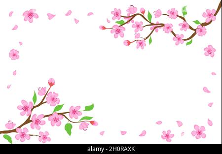 Cartoon japanische Kirschblüte und fallende Blütenblätter Hintergrund. Sakura Zweige mit rosa Blumen Banner blühenden Frühlingsbaum Vektor-Rahmen Stock Vektor