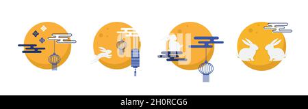 Symbole des Herbstfestes. Traditioneller asiatischer Mond und Wolken. Traditionelles Fest der asiatischen Ernte. Chuseok, Korea-Festival Mitte Herbst. Stock Vektor