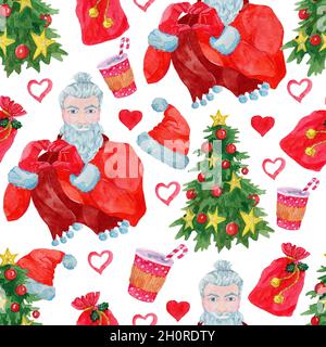 Nahtloses Muster mit coolem Weihnachtsmann als Hipster mit Herzsymbol, dekorierter Nadelbaum, Tasse und Geschenktüte vor weißem Hintergrund. Aquarell i Stockfoto