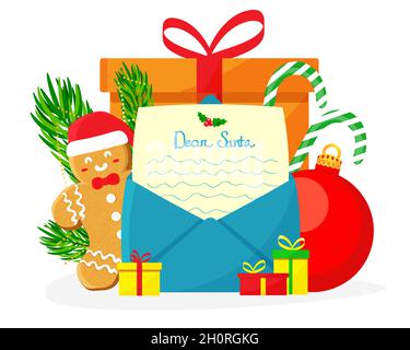 Brief an den Weihnachtsmann im Umschlag mit Weihnachtsschmuck, Geschenken und Lebkuchenkekse. Vektordarstellung flach isoliert. Stock Vektor