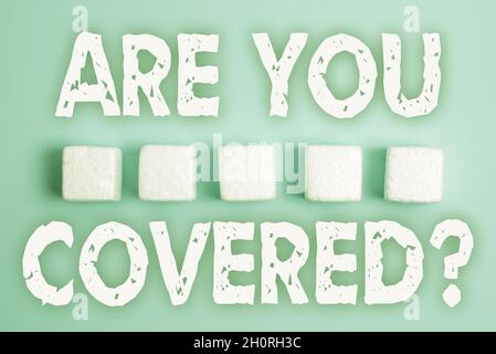 Textzeichen, das anzeigt, ob Sie eine Frage behandelt haben. Business-Ansatz fragen, ob sie eine Versicherung in Arbeit oder Leben Stapel von Sample Cube rechteckig Stockfoto