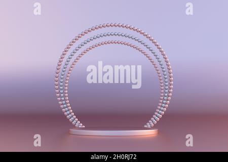 3D Podium Podest mit Perlbogen isoliert auf rosa pastellfarbenen Hintergrund. Minimale Vorlage für Design. Abstraktes Szenenkonzept. Stockfoto