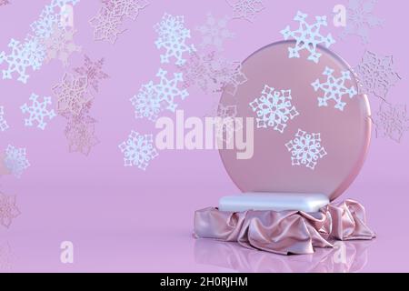 3D-Podium in rosa Pastelltönen. Schneeflocke Winter Ornament. Konzept Weihnachten und Neujahr. Abstraktes festliches Modell für die Produktpräsentation Stockfoto