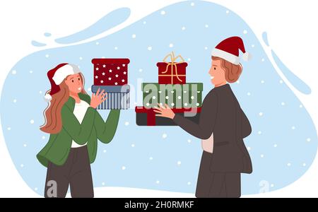 Weihnachten und glückliches Neues Jahr Menschen feiern Winterferien. Mann und Frau tauschen Geschenke aus. Vektorgrafik Stock Vektor