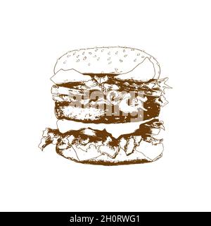 Burger Hamburger Skizze Handzeichnung. Impressum Stempel Silhouette Kontur, isoliert, weißer Hintergrund. Vektorgrafik Stock Vektor