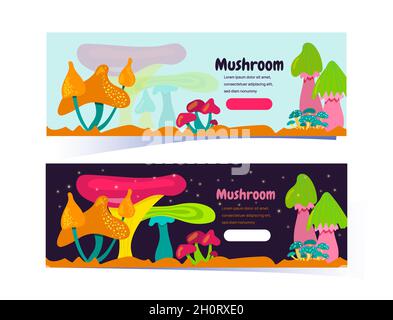 Set horizontaler Banner mit fantastischen Pilzen. Fabelhafte oder Space Pilze auf einem hellen und dunklen Hintergrund. Mystische Vektorgrafik Stock Vektor