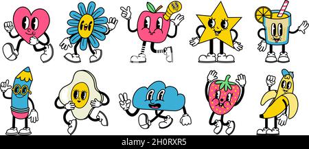 Trendige abstrakte Comic-Figuren im Retro-Animationsstil. Helle Comic Herz, Stern, Apfel und Bleistift Maskottchen mit lustigen Gesichtern Vektor-Set Stock Vektor
