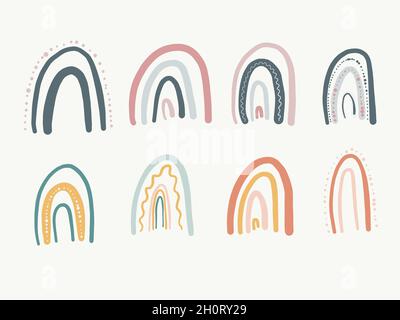Acht Regenbögen im modernen Boho-Stil. Dekoration für Kinderzimmer. Babystil. Cliparts in den Farben Pink, Orange und Blau. Bohemian Girls Stock Vektor